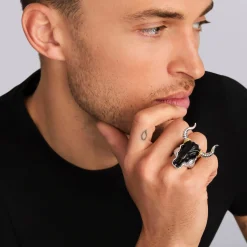 Black Agate Long Horn Ring