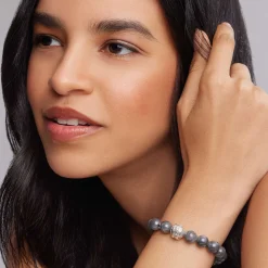 Black Jade Silver Station Bead Bracelet