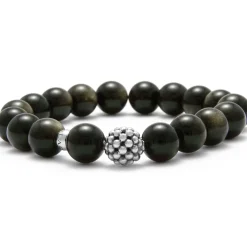 Golden Obsidian Silver Station Bead Bracelet