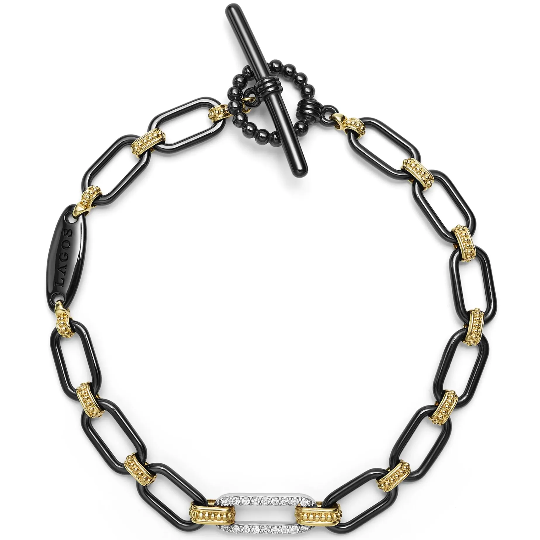 18K Gold and Black Ceramic Diamond Station Link Bracelet | 6mm