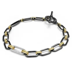 18K Gold and Black Ceramic Diamond Station Link Bracelet | 6mm
