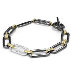 18K Gold and Black Ceramic Diamond Station Link Bracelet | 10mm