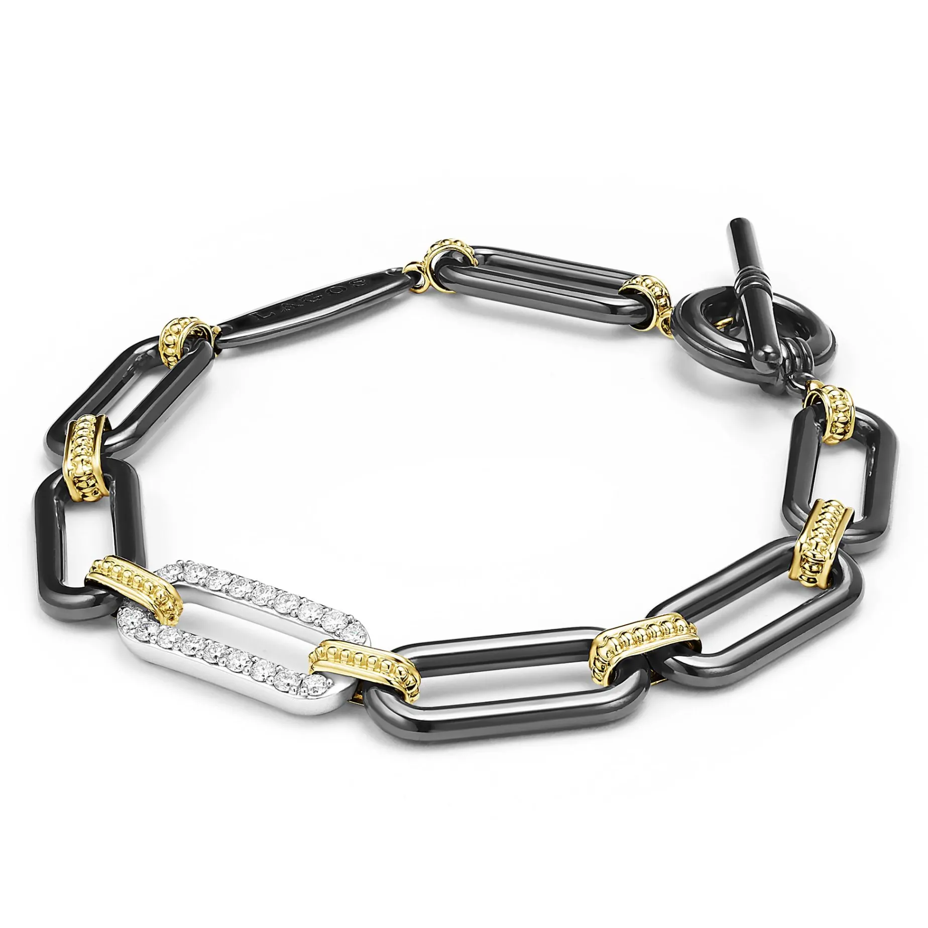 18K Gold and Black Ceramic Diamond Station Link Bracelet | 10mm