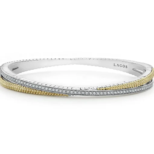 18K Gold Caviar and Diamond Bangle