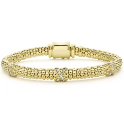 18K Gold Three Station X Diamond Caviar Bracelet | 6mm