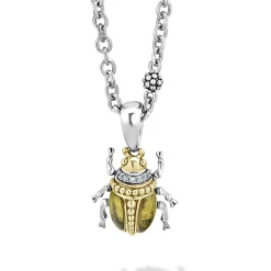 Olive Quartz Diamond Beetle Pendant Necklace