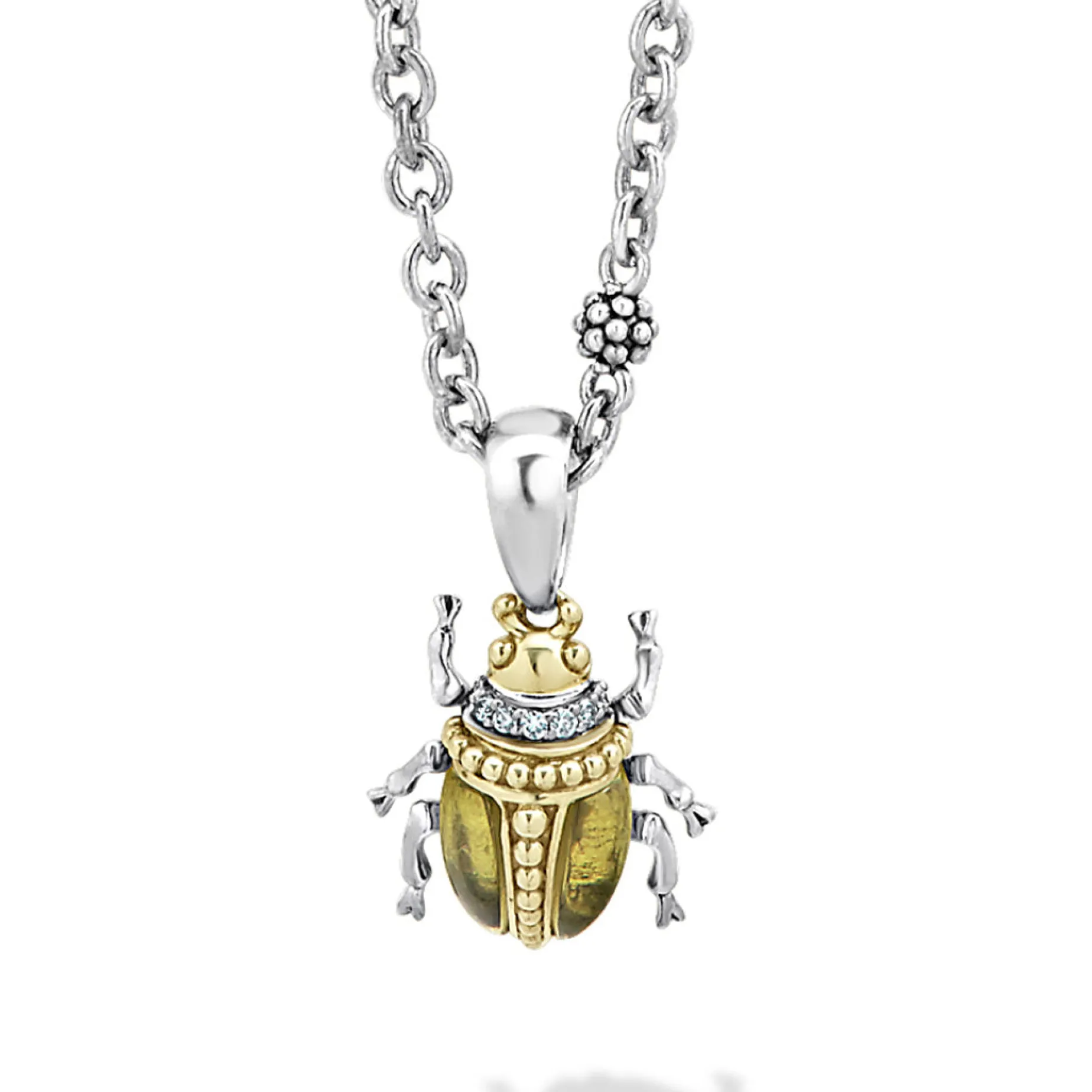 Olive Quartz Diamond Beetle Pendant Necklace