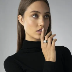 Three Station Ceramic Caviar Diamond Ring
