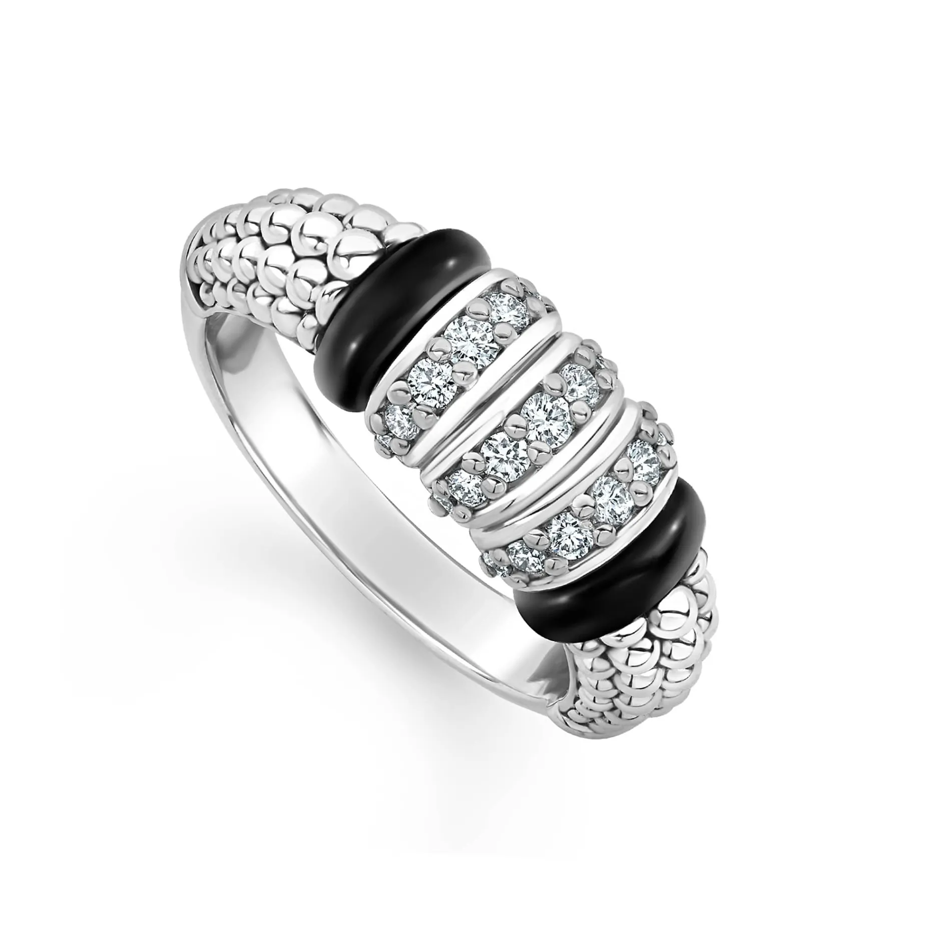 Three Station Diamond Ceramic Caviar Ring