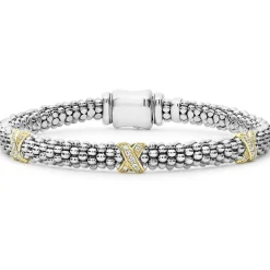 Three Station Gold X Diamond Caviar Bracelet | 6mm