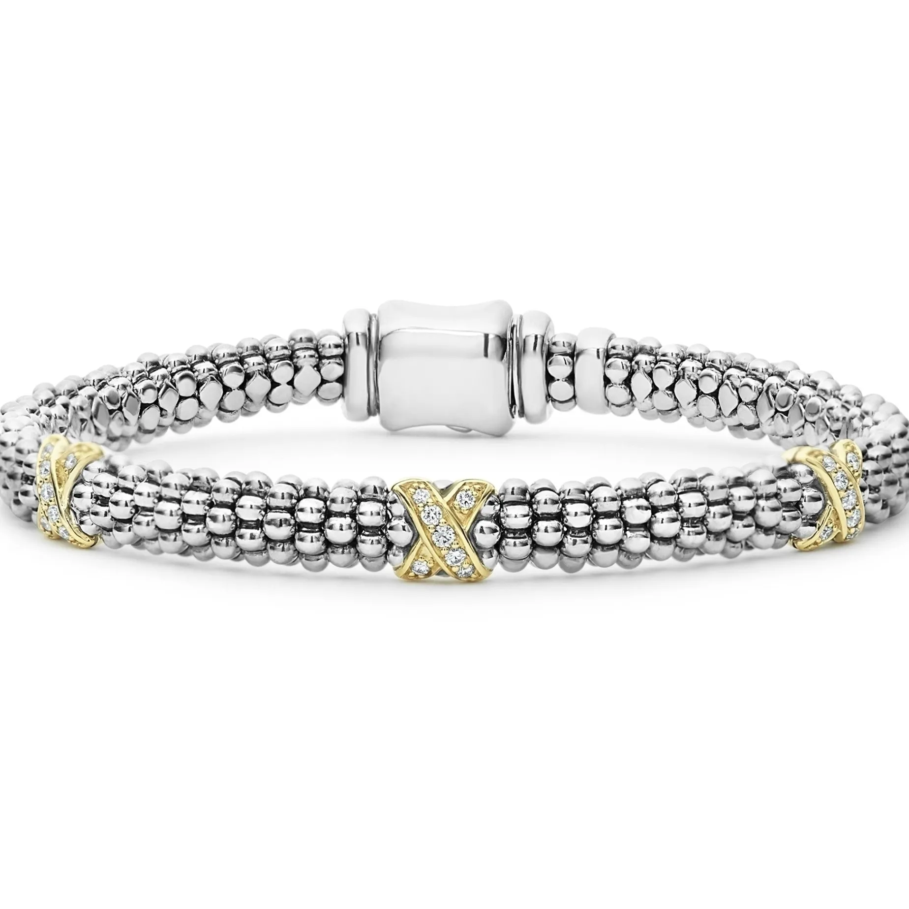 Three Station Gold X Diamond Caviar Bracelet | 6mm