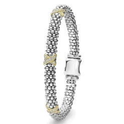 Three Station Gold X Diamond Caviar Bracelet | 6mm