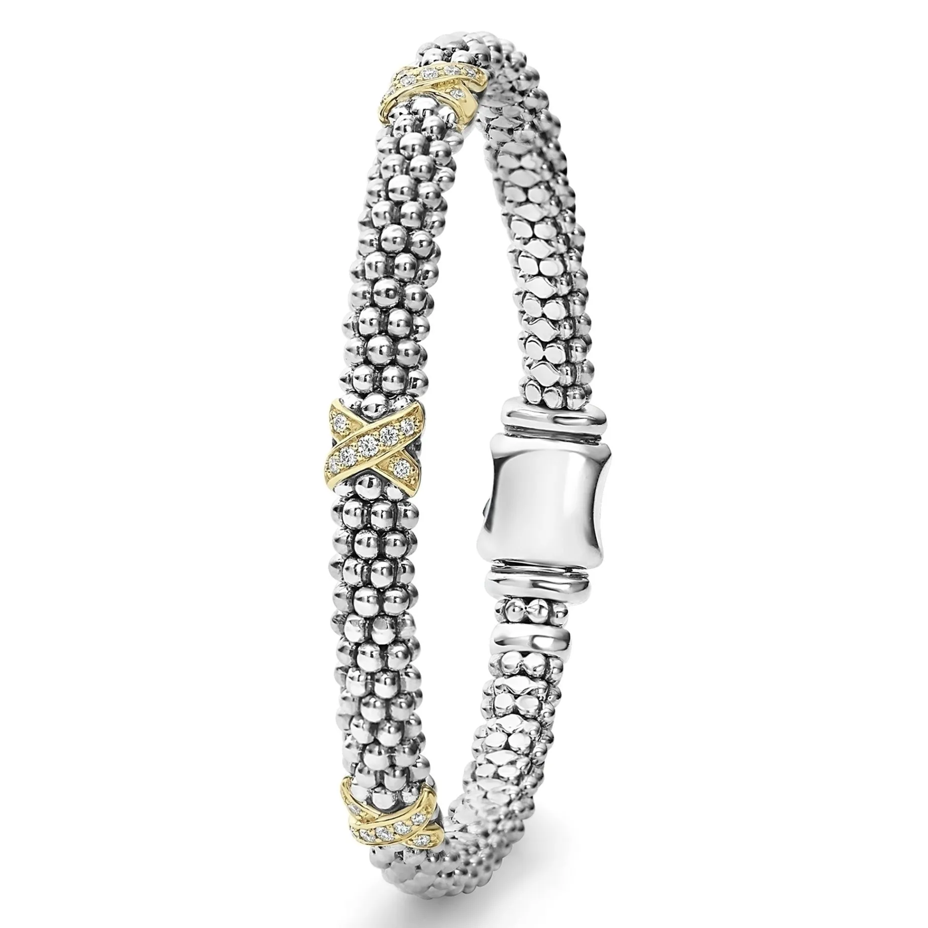 Three Station Gold X Diamond Caviar Bracelet | 6mm
