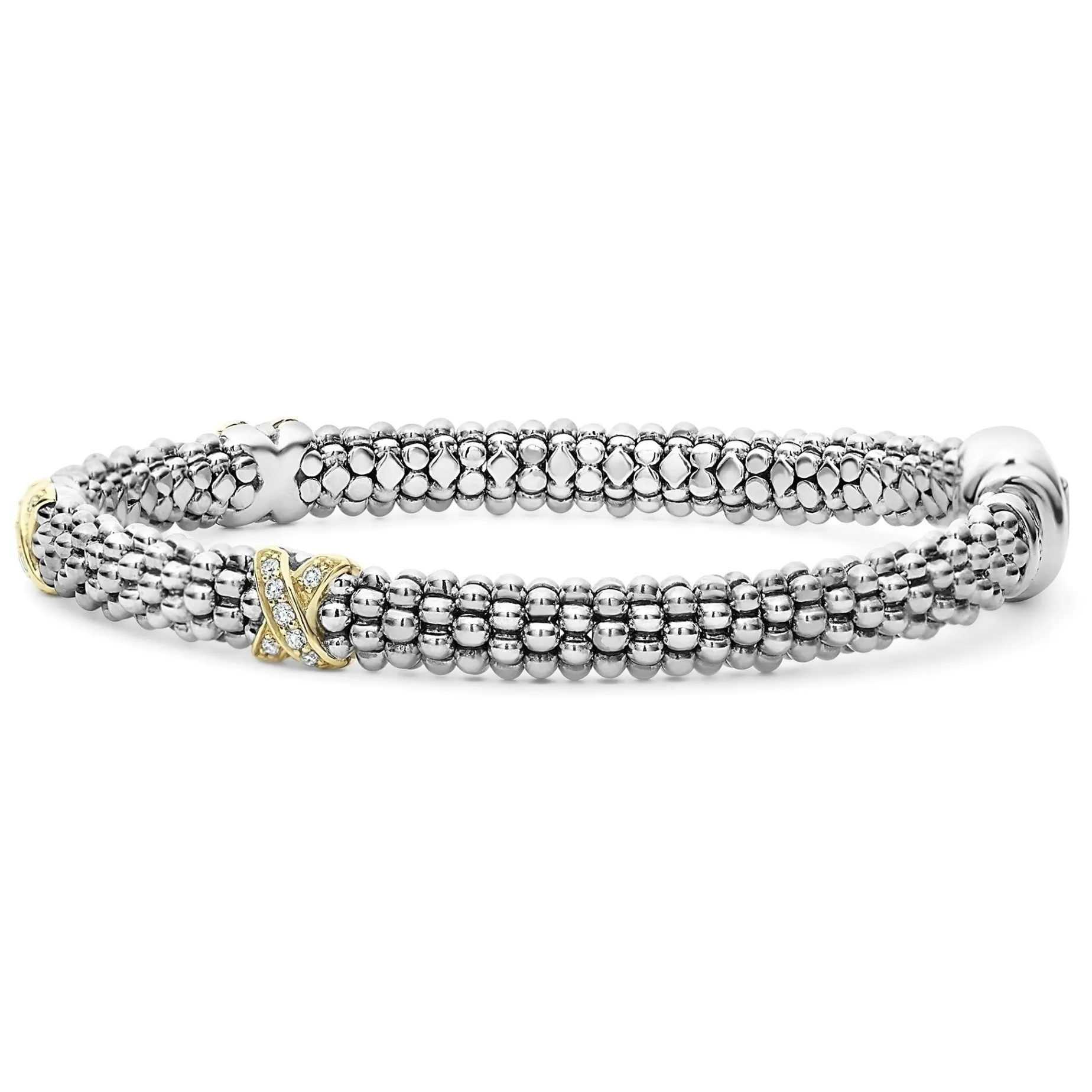 Three Station Gold X Diamond Caviar Bracelet | 6mm