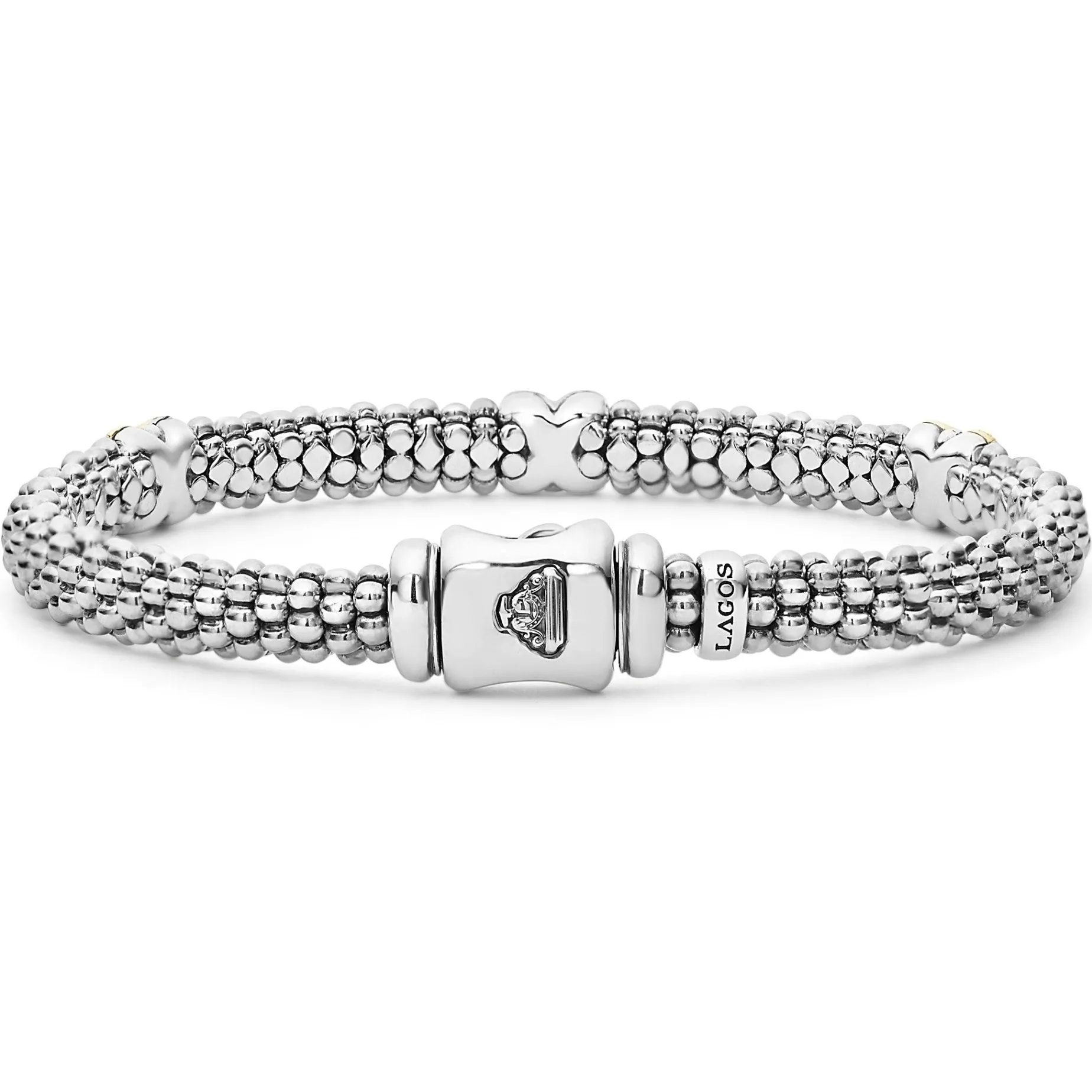 Three Station Gold X Diamond Caviar Bracelet | 6mm